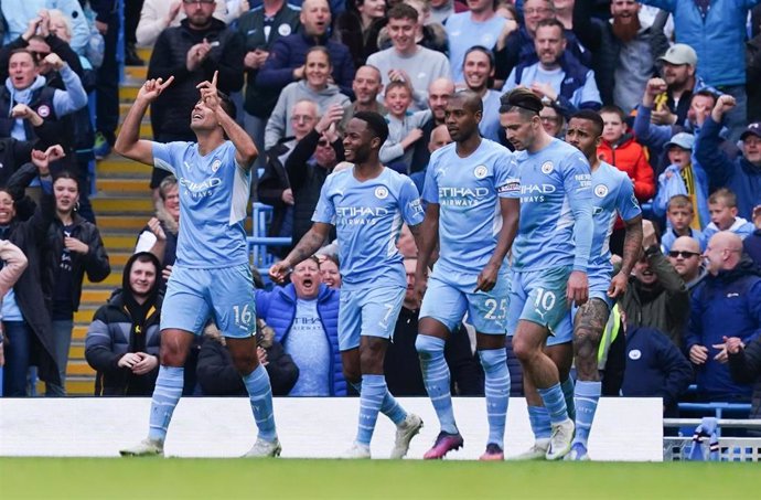 El español Rodri celebra un gol del Manchester City esta temporada