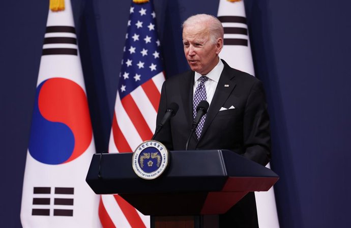21 May 2022, South Korea, Seoul: US President Joe Biden speaks during a joint press conference with South Korean President Yoon Suk-yeol (Not Pictured)after their summit at the presidential office in Seoul. Photo: -/YNA/dpa