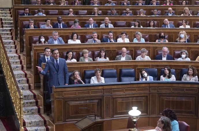 El presidente del Gobierno, Pedro Sánchez, interviene en una sesión plenaria en el Congreso de los Diputados