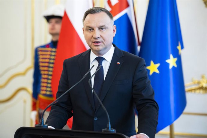 11 May 2022, Slovakia, Bratislava: Polish President Andrzej Duda speaks during a joint press conference with Slovak President Zuzana Caputova (not pictured) following their meeting in the Presidential Palace. Photo: Jaroslav Novák/TASR/dpa