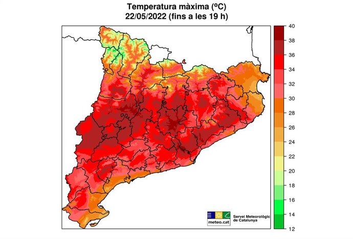 Mapa de temperatures mximes registrades el 22 de maig de 2022 a Catalunya
