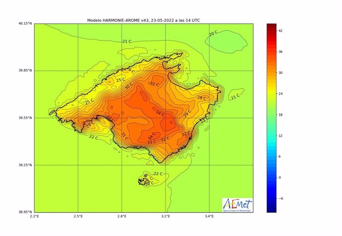 Previsión de temperaturas para este lunes en Baleares, según la Aemet.
