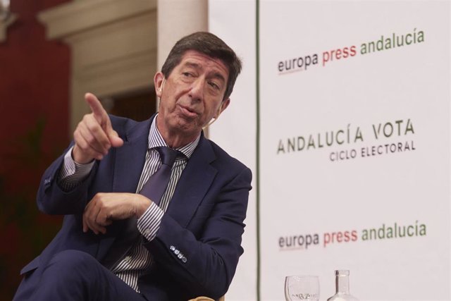 El candidato de Cs a la Presidencia de la Junta de Andalucía y vicepresidente de la Junta, Juan Marín, este lunes en Sevilla en el encuentro informativo de Europa Press Andalucía organizado en colaboración con la Fundación Cajasol. 