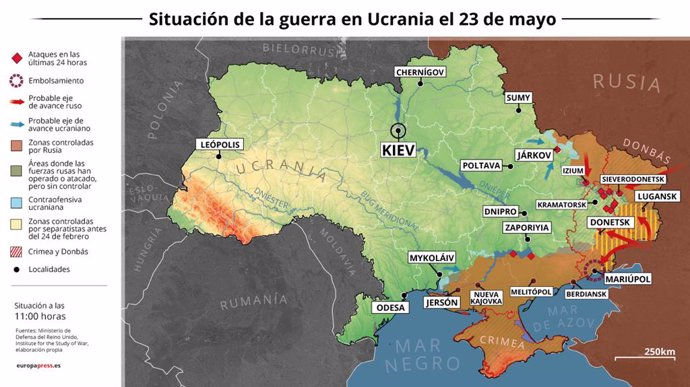 Mapa con la situación de la guerra en Ucrania el 23 de mayo de 2022 (Estado a las 11:00 horas).