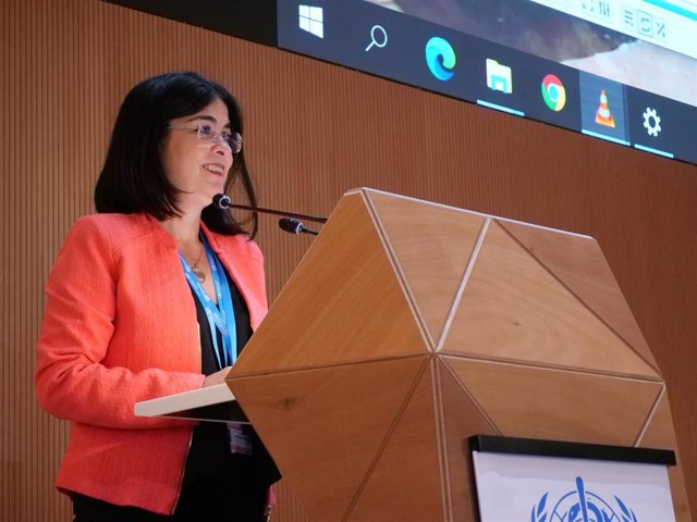 La ministra de Sanidad, Carolina Darias, durante su intervención en la 75 Asamblea Mundial de la Salud. En Ginebra (Suiza), a 23 de mayo de 2022.