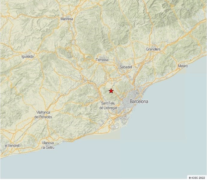 Zona epicentral del terremoto de magnitud 2,5 en el Baix Llobregat (Barcelona)