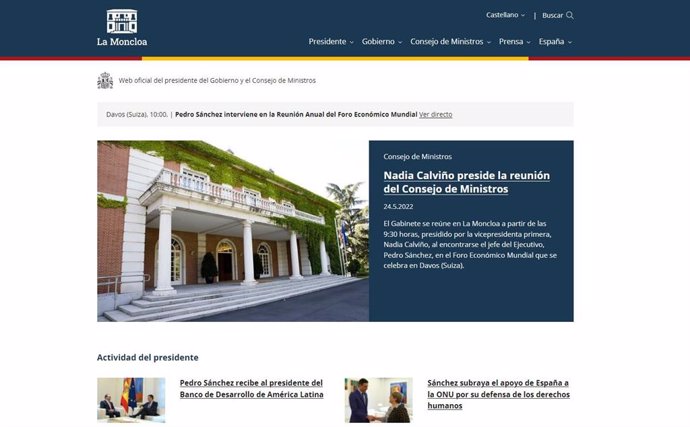 Rediseño de la página web de La Moncloa a 24 de mayo de 2022.