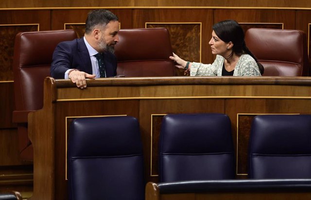El líder de Vox, Santiago Abascal, y la candidata a la Junta de Andalucía, Macarena Olona, en el Congreso