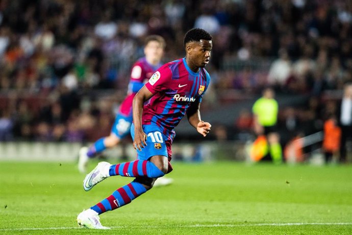 Ansu Fati of FC Barcelona in action during La Liga match , football match played between FC Barcelona and RCD Mallorca at Camp Nou stadium on May 1, 2022, in Barcelona, Spain.