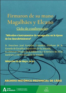 Cartel de la conferencia 'Métodos e instrumentos de navegación en la época de los descubrimientos'.