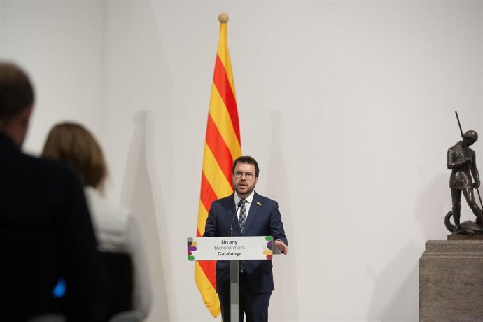 El president de la Generalitat de Cataluña, Pere Aragons, durante una rueda de prensa en la Palau de la Generalitat,  a 24 de mayo de 2022, en Barcelona, Cataluña (España). Durante su comparecencia, han hecho balance tras un año de gobierno.