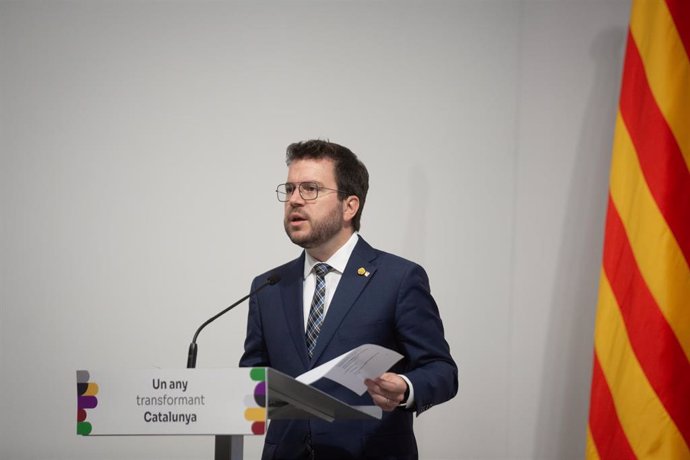 El president de la Generalitat de Cataluña, Pere Aragons, durante una rueda de prensa en la Palau de la Generalitat,  a 24 de mayo de 2022, en Barcelona, Cataluña (España). Durante su comparecencia, han hecho balance tras un año de gobierno.