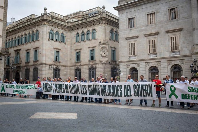 Participantes en una marcha lenta de vehículos en defensa del sector de la fruta dulce de las Terres de lEbre en la plaza Sant Jaume de Barcelona