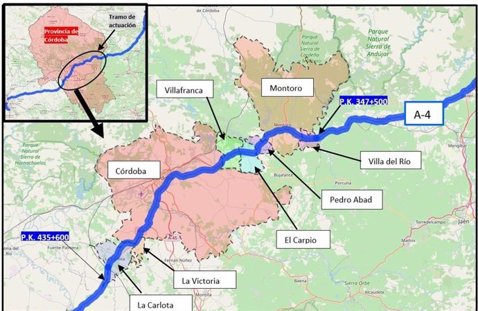 Trazado de la A-4 a su paso por la provincia de Córdoba.