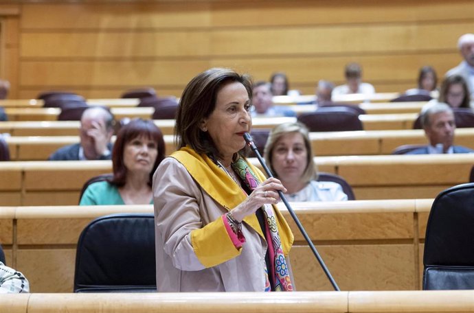 La ministra de Defensa, Margarita Robles, interviene en una sesión de control al Gobierno en el Senado, a 24 de mayo de 2022, Madrid (España). 