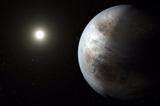 Concepto artístico de una estrella similar al Sol (izquierda) y un planeta rocoso un 60 % más grande que la Tierra en órbita en la zona habitable de la estrella.