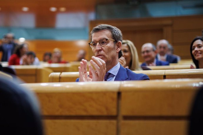 El presidente del PP, Alberto Núñez Feijóo, aplaude tras tomar posesión de su acta de senador por designación de Galicia, en el Senado, a 25 de mayo de 2022, en Madrid (España). Feijóo toma cargo de su escaño en el Senado, justo un día después de ser el