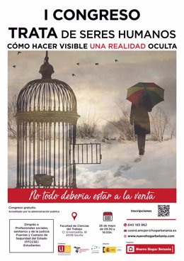 Cartel del I Congreso 'Trata de seres humanos. Cómo hacer visible una realidad oculta', que se celebra este jueves, 26 de mayo, en la Facultad de Ciencias del Trabajo de la Universidad de Sevilla.