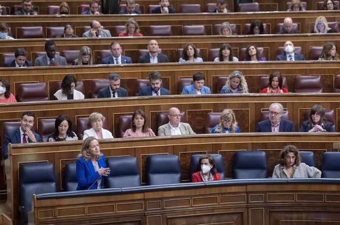 La vicepresidenta primera y ministra de Asuntos Económicos y Transformación Digital, Nadia Calviño, interviene en una sesión plenaria en el Congreso de los Diputados, a 25 de mayo de 2022, en Madrid (España). Durante el pleno, el Ejecutivo central debe 