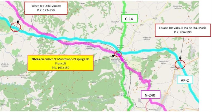 Cortes de tráfico en la AP-2 en Montblanc-L'Espluga de Francolí (Tarragona) para retirar peajes