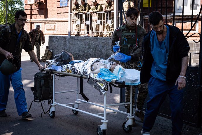 May 23, 2022, Bakhmut, Ukraine: An injured Ukrainian soldier seen outside a hospital in Bakhmut. Donetsk(Donbas) region is under heavy attack, as Ukraine and Russian forces contest the area, amid the Russian full invasion of Ukraine started on February 