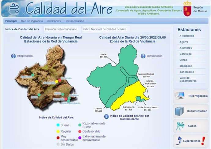 Mapa de calidad del aire en la Región de Murcia