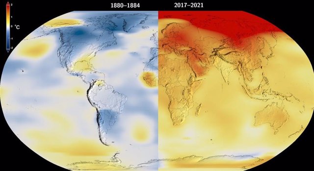 Fluctuaciones locales de temperatura en la Tierra en la década de 1880 (izquierda), en comparación con la actualidad (derecha).