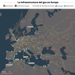 Mapa que representa los gasoductos, yacimientos de gas y terminales de gas natural licuado en el continente europeo.