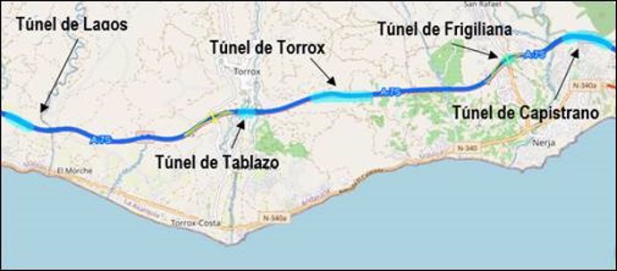 El Gobierno formaliza por 15,2 millones las obras de adecuación y mejora de varios túneles de la A-7 en Málaga