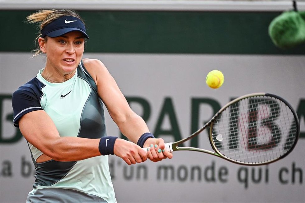 Spanish tennis player Paula Badosa in action against Slovenia's Kaja Juvan during their women's singles second round match of the French Open tennis tournament at the Roland-Garros stadium