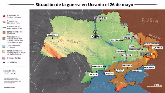 Mapa con la situación de la guerra en Ucrania el 26 de mayo de 2022 (Estado a las 10:00 horas). Las autoridades de Ucrania han denunciado este jueves la muerte de seis civiles a causa de ataques ejecutados el miércoles por "tropas rusas" contra localida