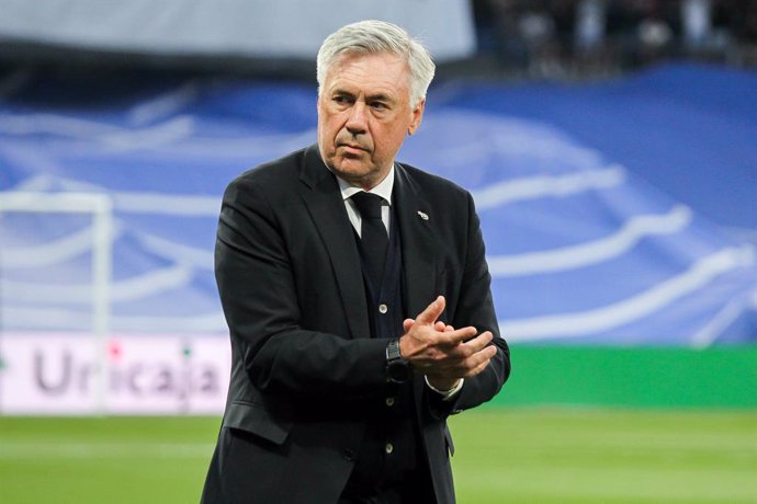 Carlo Ancelotti, coach of Real Madrid, looks on during the spanish league, La Liga Santander, football match played between Real Madrid and Real Betis Balompie at Santiago Bernabeu stadium on May 20, 2022, in Madrid Spain.