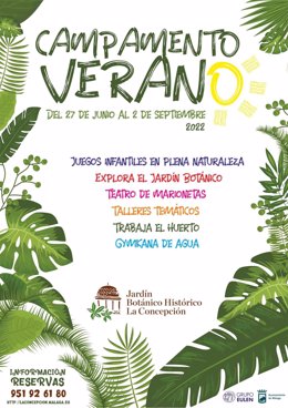 Cartel de los campamentos de verano en el Jardín Botánico La Concepción
