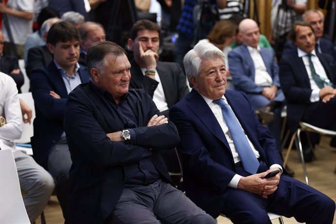 Jose Antonio Camacho and Enrique Cerezo are seen during the the presentation of Academy Vicente del Bosque at Santander Work Center on May 26, 2022, in Madrid Spain.