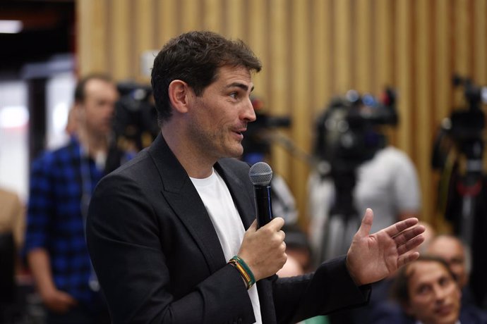 Iker Casillas is seen during the the presentation of Academy Vicente del Bosque at Santander Work Center on May 26, 2022, in Madrid Spain.