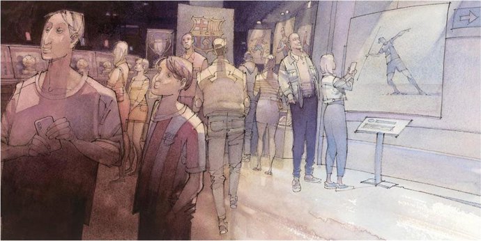 Ilustración del libro 'La Sagi. Més alt, més lluny, que reconoce la figura de la campeona de lanzamiento de jabalina y primera mujer directiva del FC Barcelona, Anna Maria Martínez Sagi.