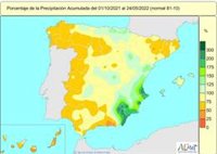 El déficit de lluvias acumuladas en España desde el 1 de octubre de 2021 al 24 de mayo se sitúa en un 22%
