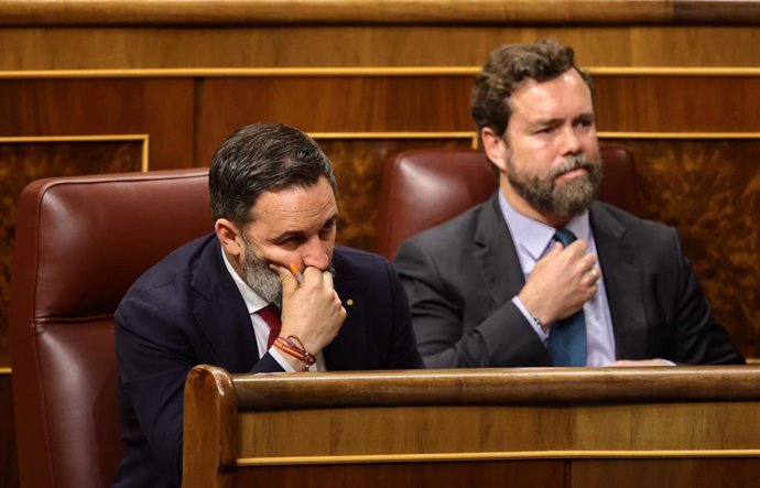 El líder de Vox, Santiago Abascal (i), y el portavoz parlamentario de Vox, Iván Espinosa de los Monteros, en el Congreso de los Diputados