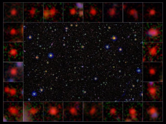 Se seleccionaron galaxias moribundas hace unos 10 mil millones de años (objetos rojos en los paneles ampliados) a partir de observaciones de múltiples longitudes de onda.