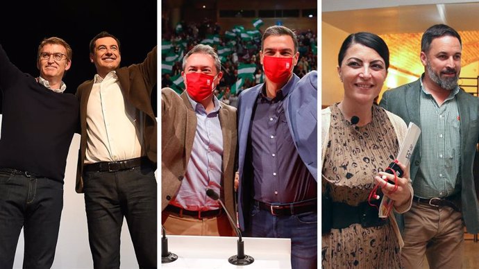 Fotomontaje con, de izquierda a derecha, los líderes del PP Alberto Núñez Feijóo y Juanma Moreno; del PSOE Juan Espadas y Pedro Sánchez, y de Vox Macarena Olona y Santiago Abascal.