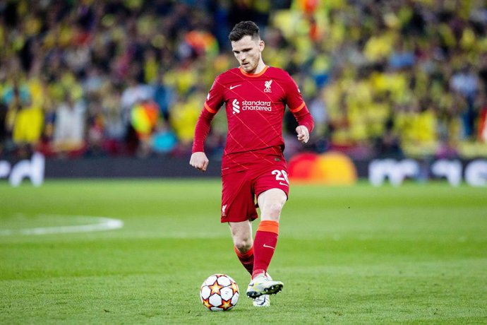 Liverpool defender Andrew Robertson during the UEFA Champions League, Semi-finals, 1st leg football match between Liverpool FC and Villarreal CF on April 27, 2022 at Anfield stadium in Liverpool, England - Photo Ian Stephen / ProSportsImages / DPPI