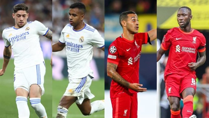 Los jugadores del Real Madrid Fede Valverde y Rodrygo Goes, y los jugadores del Liverpool Thiago Alcántara y Naby Keita.
