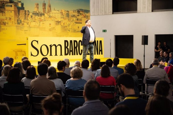 El líder de ERC, Oriol Junqueras, interviene en el acto de proclamación de Ernest Maragall como candidato ala alcaldía de Barcelona en las municipales de 2023