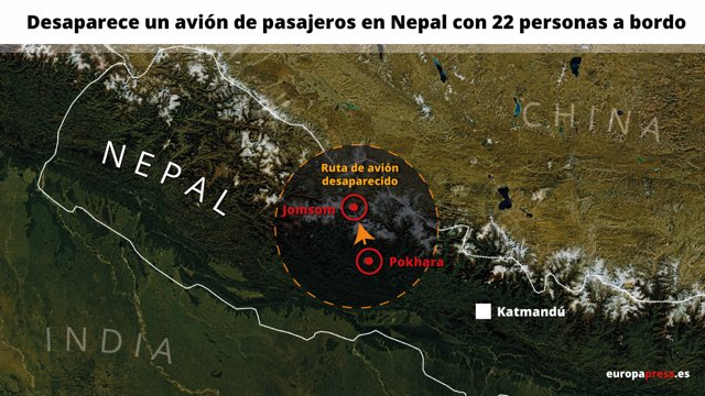 Ruta del avión desaparecido en Nepal