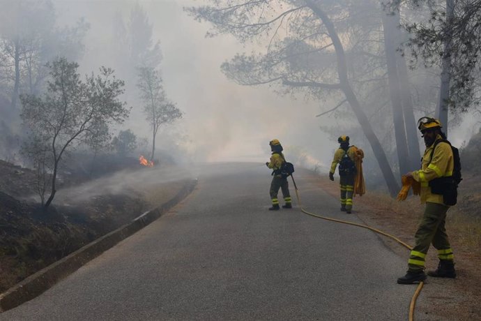 Efectivos del Plan Infoca, en el incendio declarado en el Cerro de San Miguel