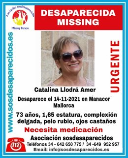 Catalina Llodrá Amer, desaparecida en noviembre en Manacor.