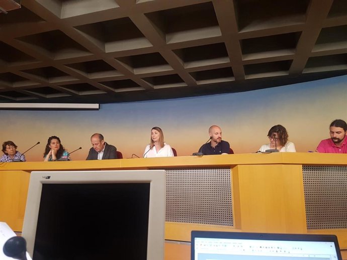 La portavoz del Grupo Municipal Socialista, Mar Espinar, acompañada por otros concejales de la formación en el Ayuntamiento de Madrid expone en rueda de prensa las proposiciones que llevará al Pleno de Cibeles.