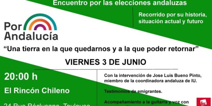 Cartel de encuentro organizado por IU Exterior y Por Andalucía con emigrantes andaluces en Toulouse el próximo 3 de junio.