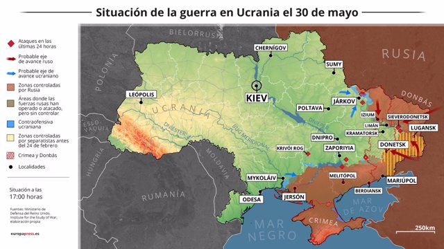 Mapa con la situación de la guerra en Ucrania el 30 de mayo de 2022 (Estado a las 17:00 horas)