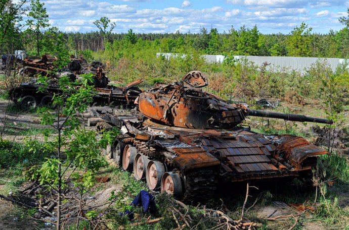 May 29, 2022, Dmytrivka, Ukraine: Destroyed military armored vehicles of the Russian army seen at Dmytrivka village near the Ukrainian capital Kyiv. Russia invaded Ukraine on 24 February 2022, triggering the largest military attack in Europe since World
